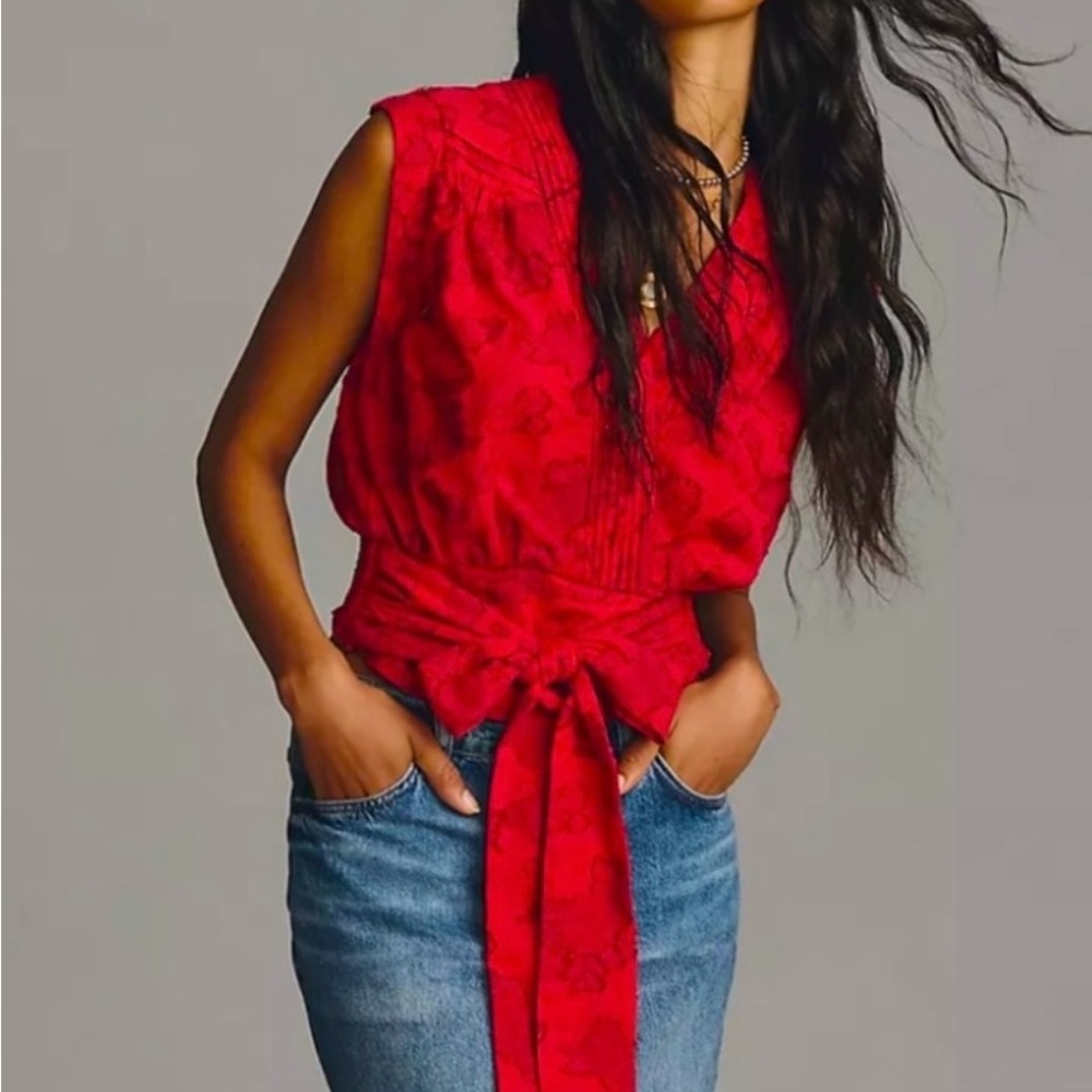 Anthropologie Vibrant Red Tie-Waist Blouse